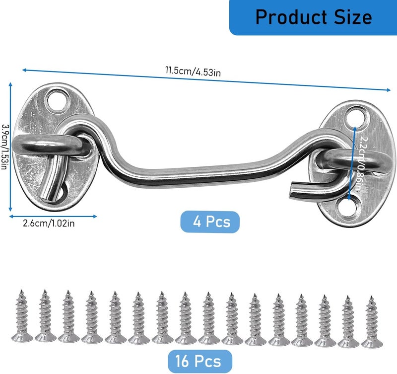 CUKAYO 4 Pack 4" Hook and Eye Gate Latch, Stainless Steel Rust-Resistant Barn Door Lock Cabin Hooks for Gate Shutters Window Slide Barn Shed Cabinet Bathroom, with 16pcs Screw,Silver - Image 2